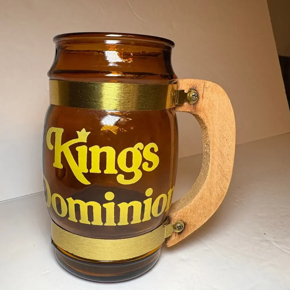 Vintage King's Dominion Souvenir Brown Glass Barrel Mug Wood Handle